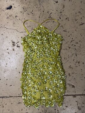 Lime Floral Sequin Spaghetti-Strap Mini Dress